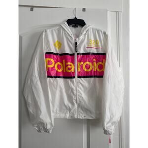 Forever21 Polaroid Windbreaker Jacket White Hooded Full Zip Logo Size Small